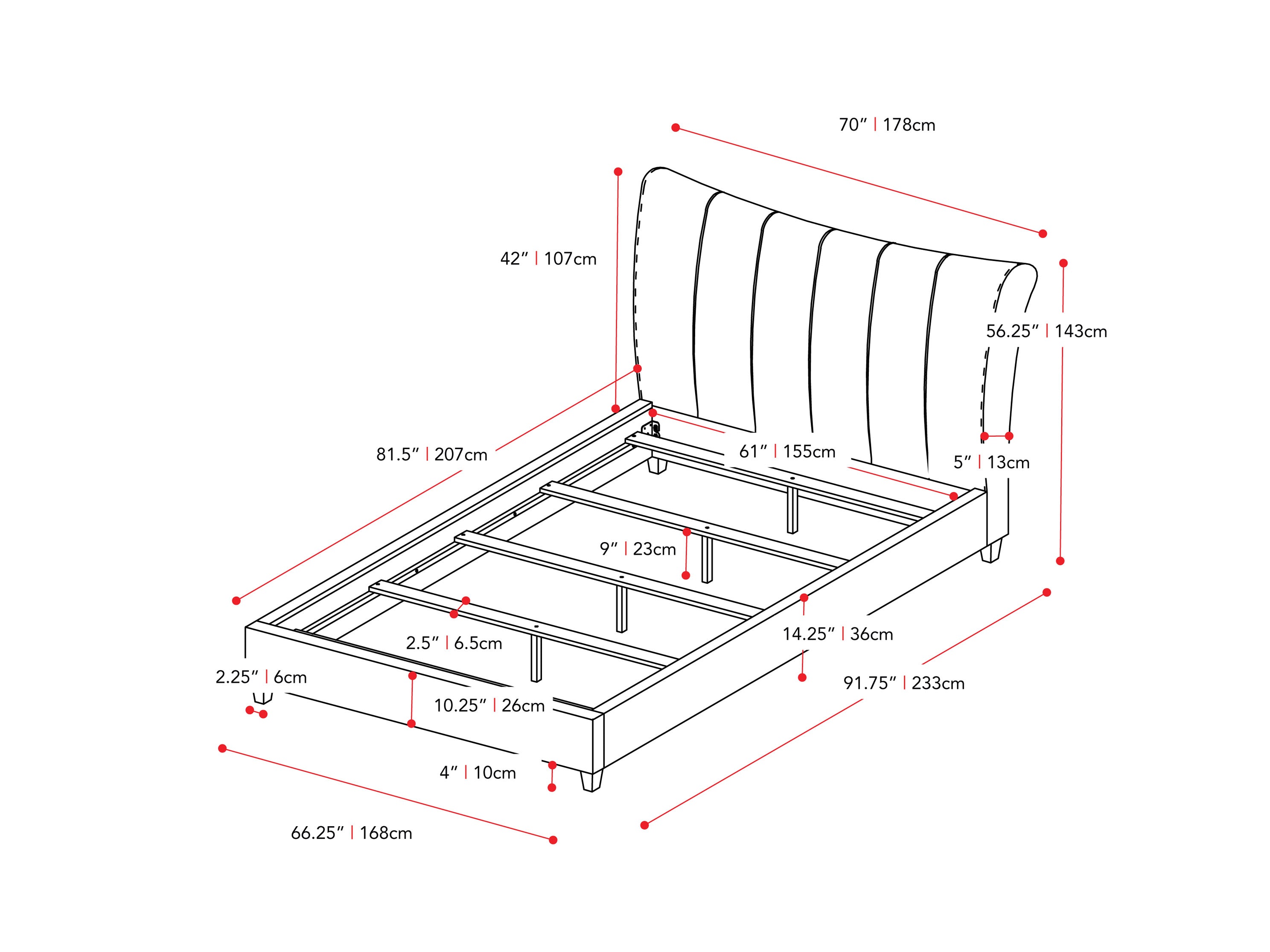 dark grey Channel Tufted Queen Bed Rosewell Collection measurements diagram by CorLiving#color_dark-grey