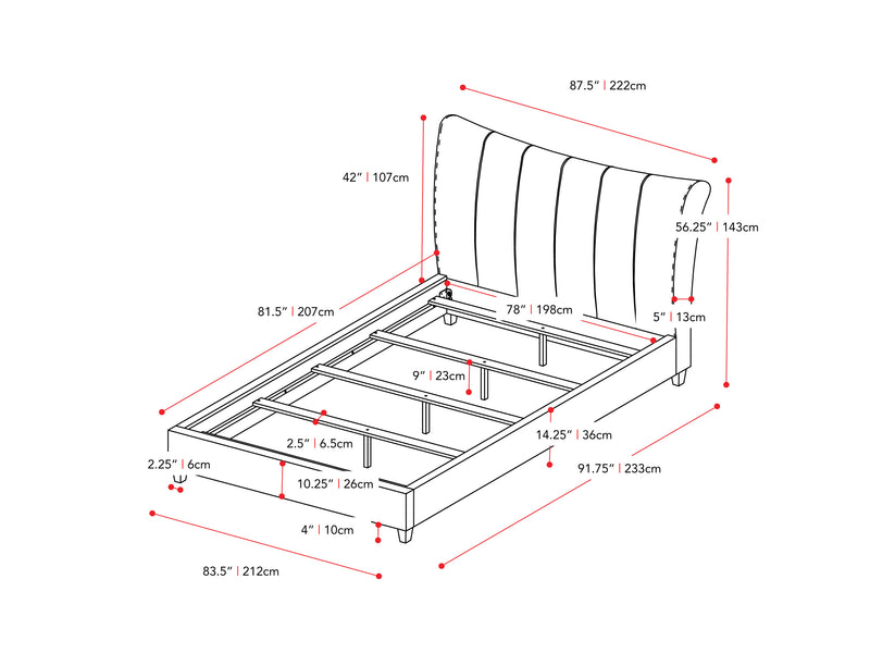 navy blue Channel Tufted King Bed Rosewell Collection measurements diagram by CorLiving