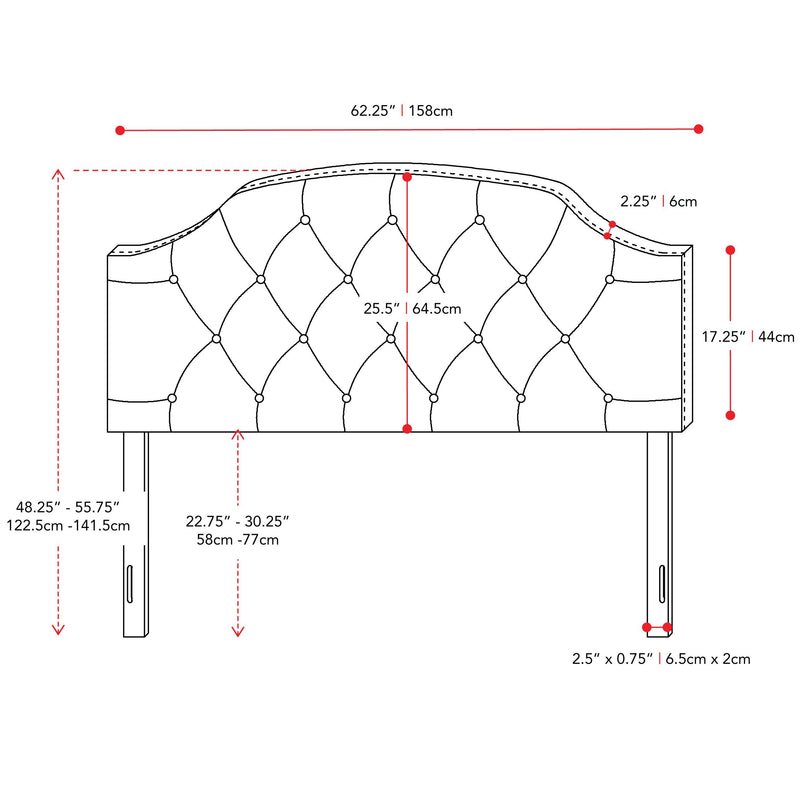 navy blue Diamond Tufted Headboard, Queen Calera Collection measurements diagram by CorLiving