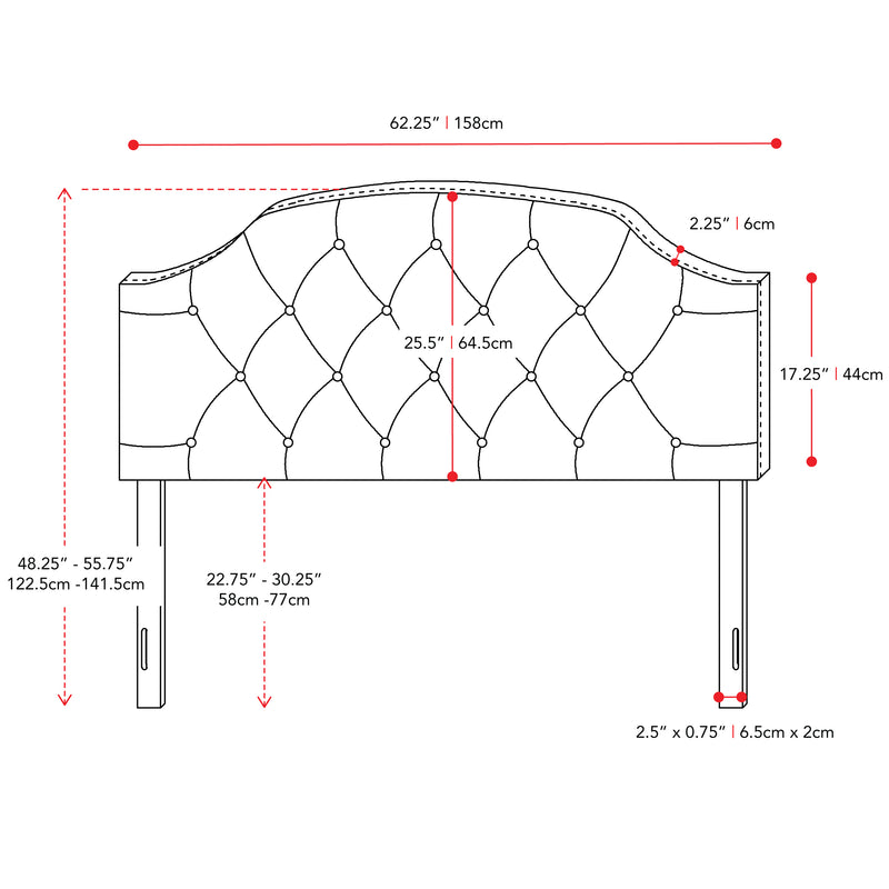 light grey Diamond Tufted Headboard, Queen Calera Collection measurements diagram by CorLiving