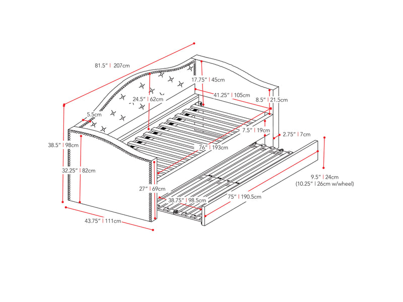 beige Twin Daybed with Trundle Amara Collection measurements diagram by CorLiving