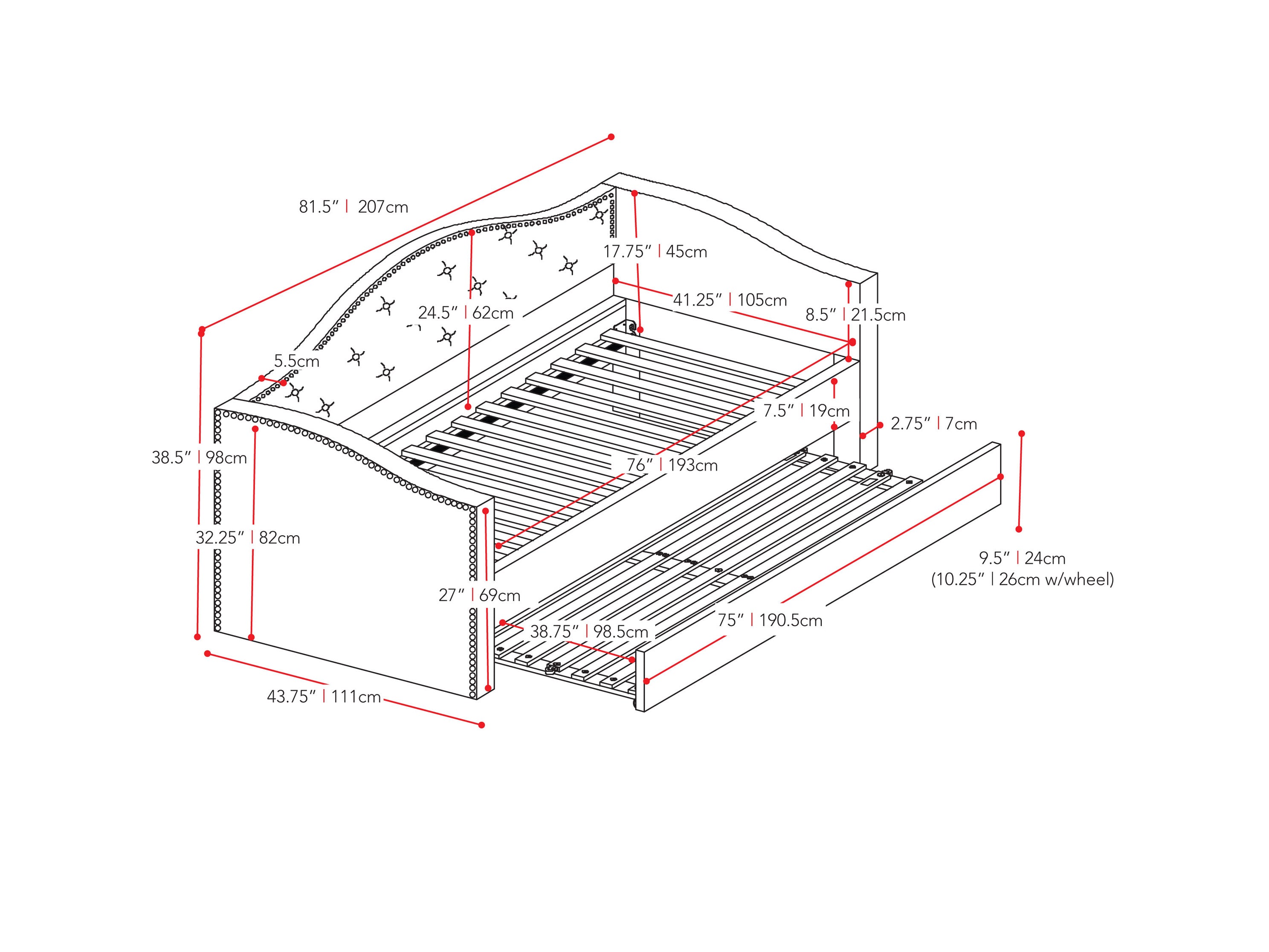 grey Twin Daybed with Trundle Amara Collection measurements diagram by CorLiving#color_grey