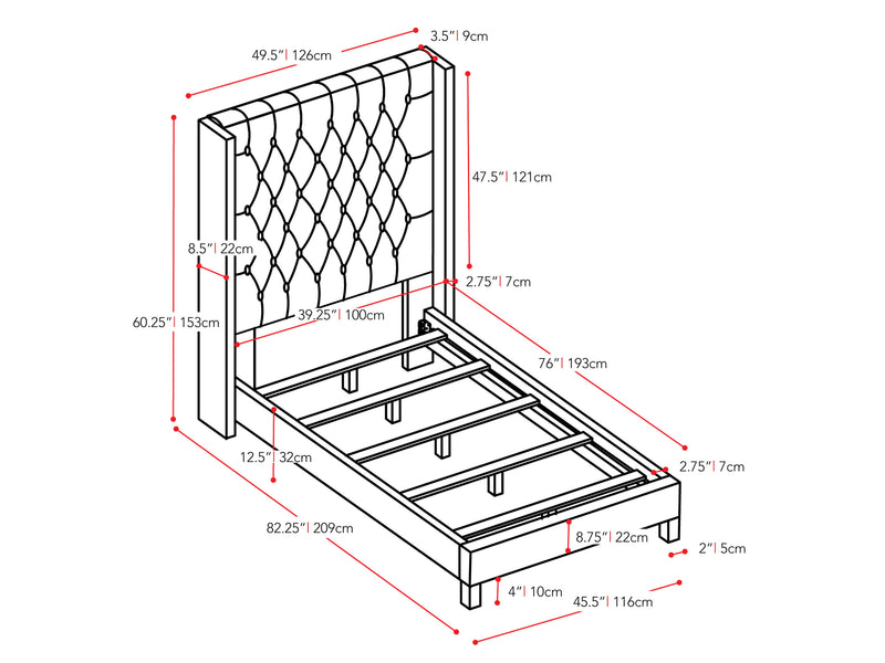 dark grey Tufted Twin / Single Bed Fairfield Collection measurements diagram by CorLiving