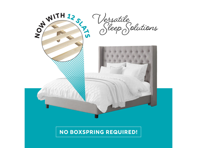 grey Tufted King Bed with Slats Fairfield Collection infographic by CorLiving