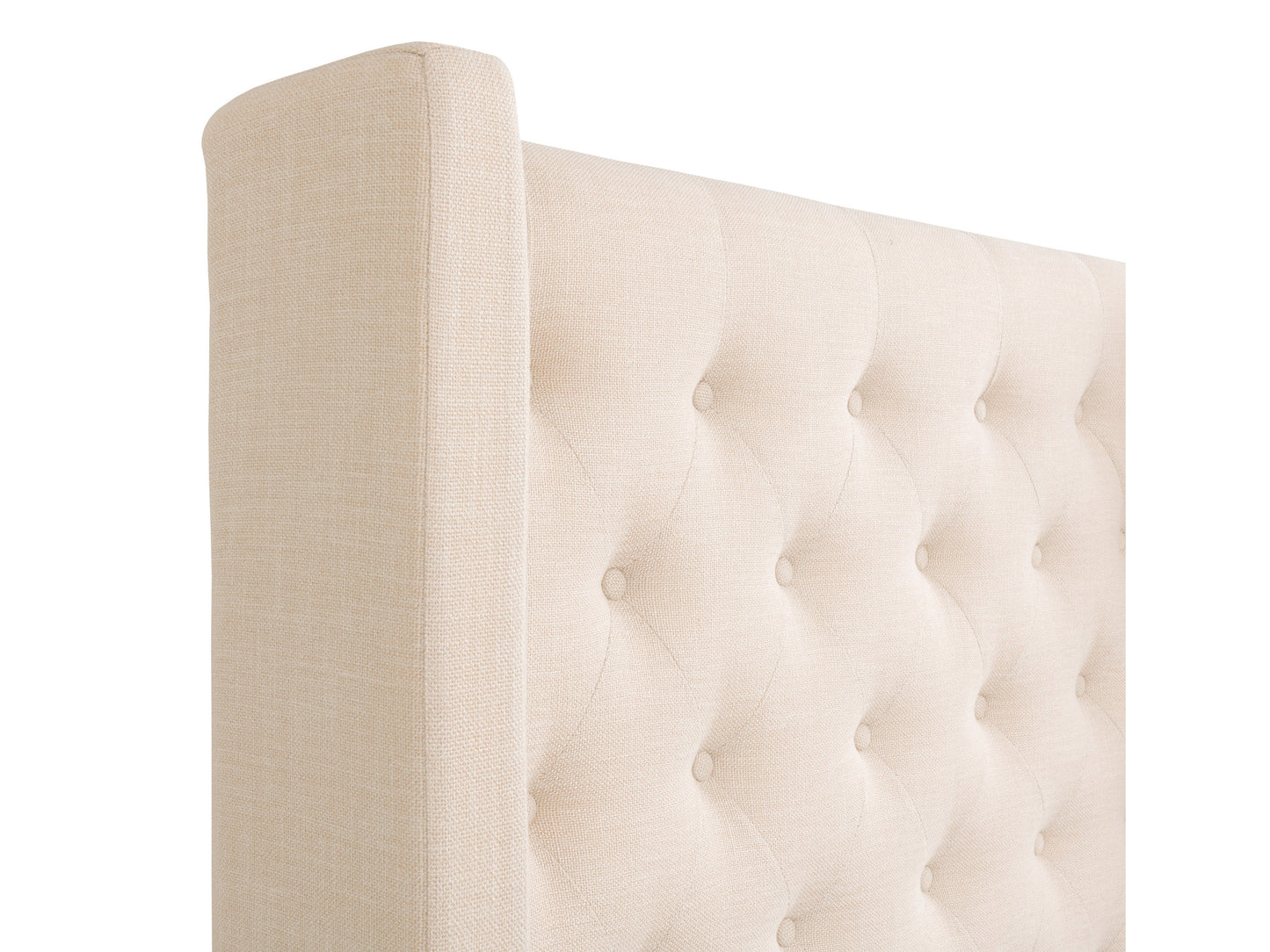 Tufted twin bed with beige upholstered headboard, button-tufted detailing, wooden legs, and a soft fabric finish. Ideal for modern bedrooms, offering stylish comfort and elegance.