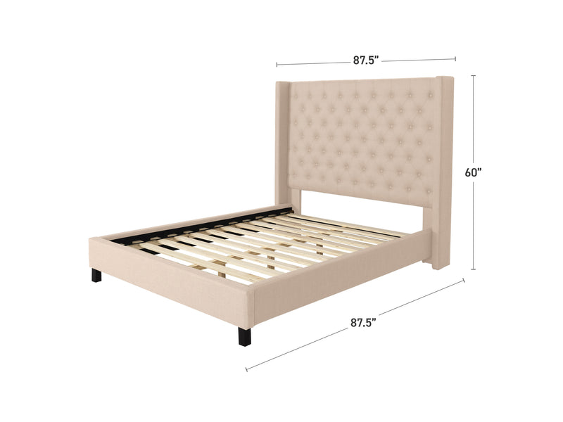 cream Tufted King Bed with Slats Fairfield Collection measurements diagram by CorLiving