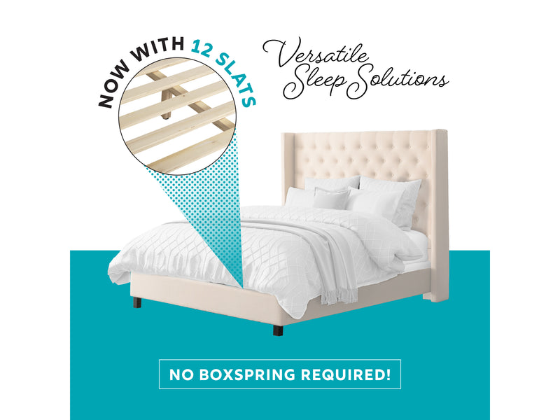 cream Tufted King Bed with Slats Fairfield Collection infographic by CorLiving