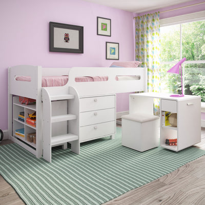 white Twin Loft Bed with Desk Mika Collection lifestyle scene by CorLiving#color_white