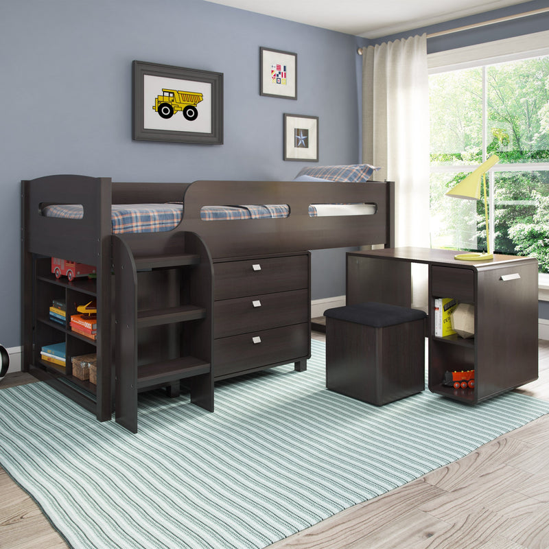 espresso Twin Loft Bed with Desk Mika Collection lifestyle scene by CorLiving
