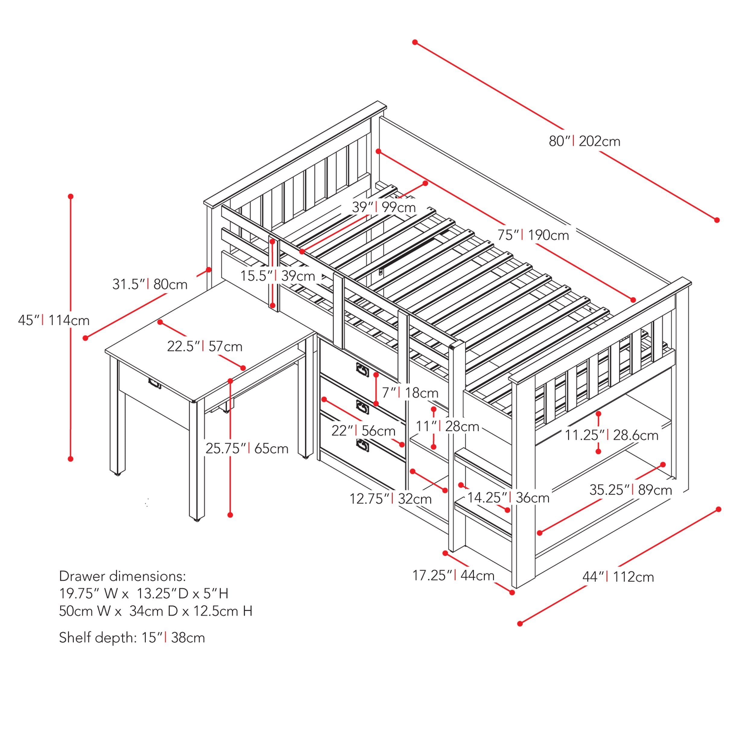 white Twin Loft Bed with Storage Mina Collection measurements diagram by CorLiving#color_white