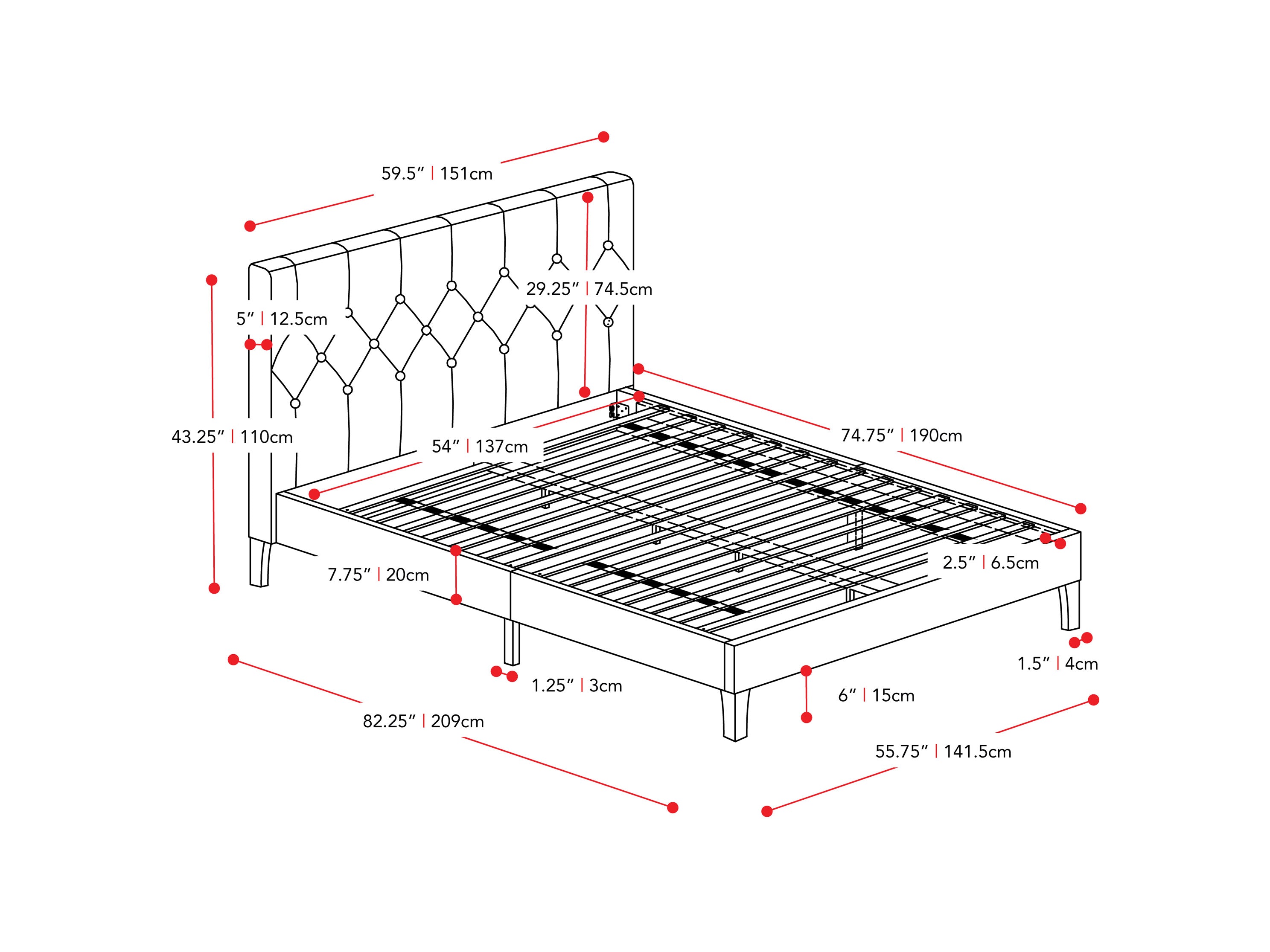 dark grey Button Tufted Double / Full Bed Nova Ridge Collection measurements diagram by CorLiving#color_nova-ridge-dark-grey