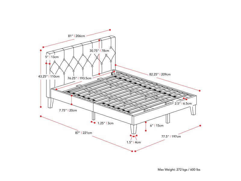 dark grey Button Tufted King Bed Nova Ridge Collection measurements diagram by CorLiving