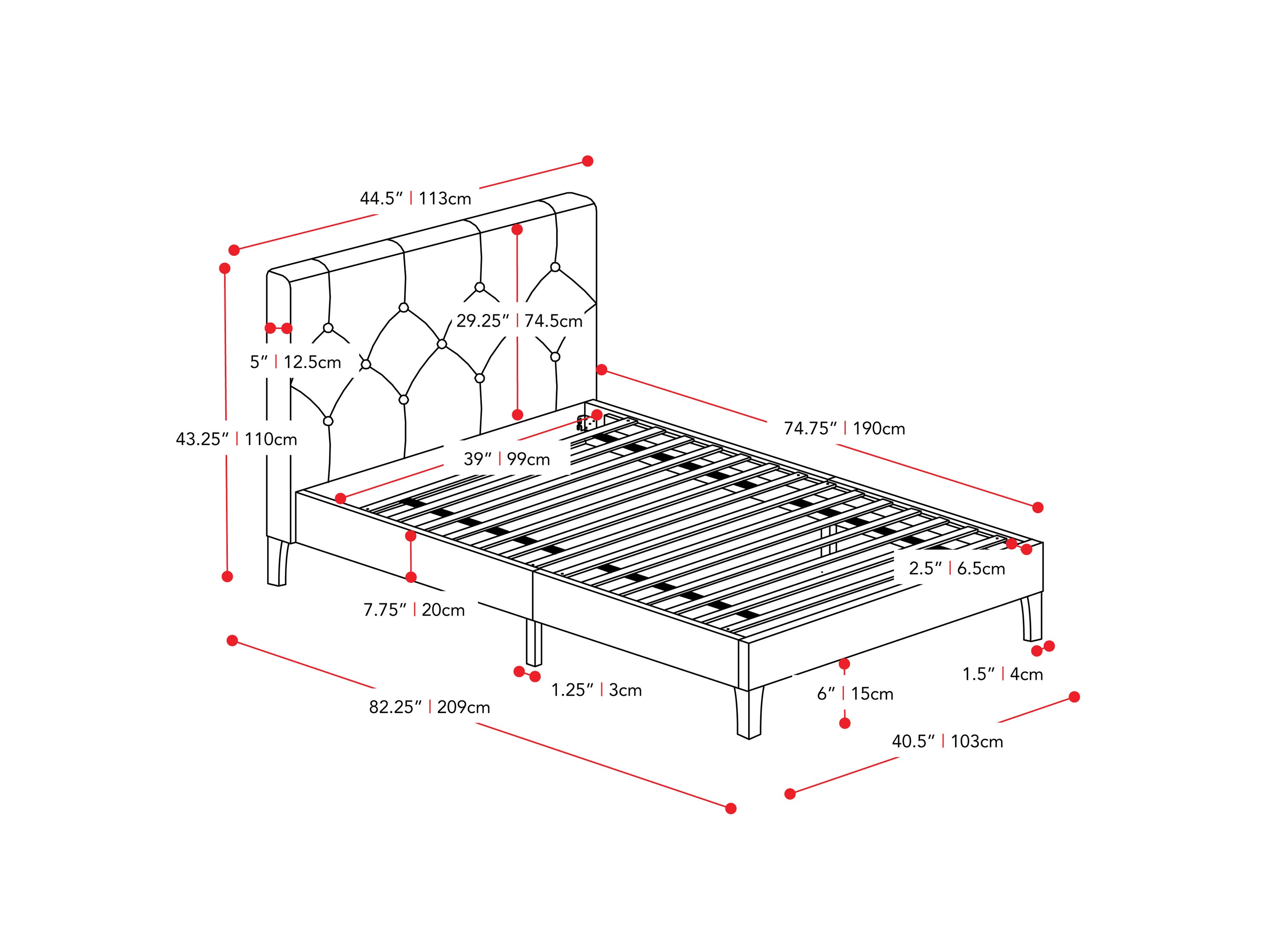 dark grey Button Tufted Twin / Single Bed Nova Ridge Collection measurements diagram by CorLiving#color_nova-ridge-dark-grey