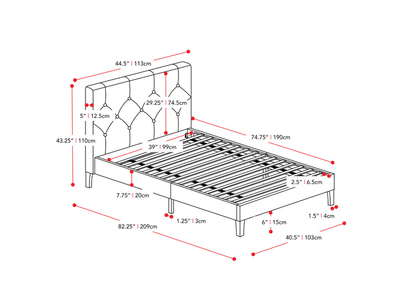 dark grey Button Tufted Twin / Single Bed Nova Ridge Collection measurements diagram by CorLiving