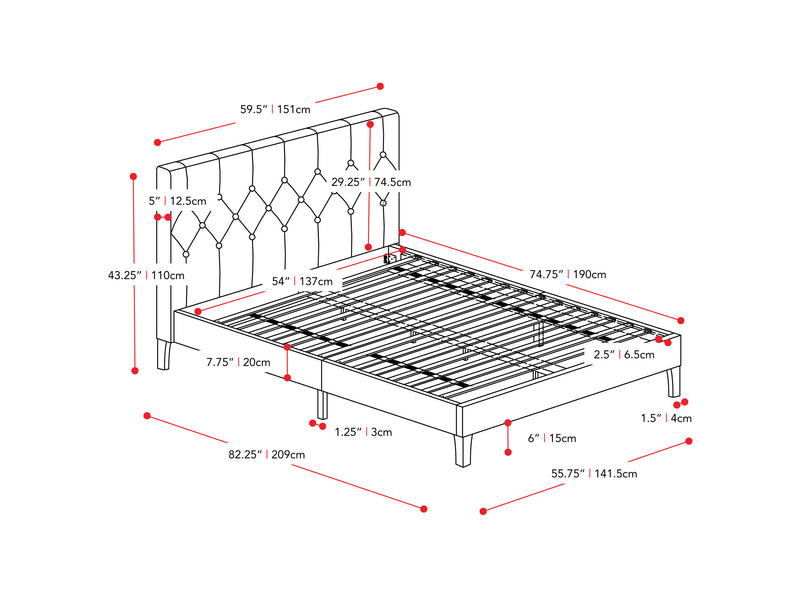 ocean blue Button Tufted Double / Full Bed Nova Ridge Collection measurements diagram by CorLiving