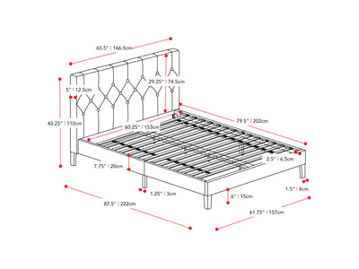 ocean blue Button Tufted Queen Bed Nova Ridge Collection measurements diagram by CorLiving#color_nova-ridge-ocean-blue