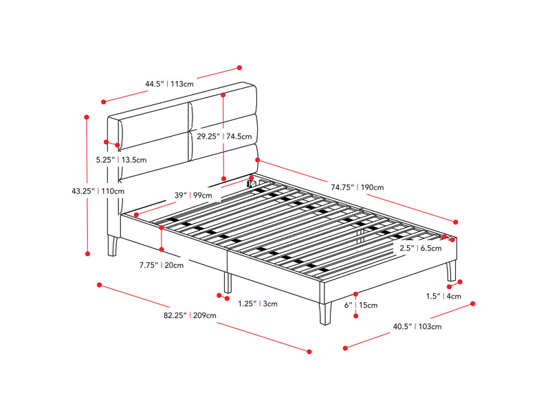 dark grey Upholstered Twin / Single Bed Bellevue Collection measurements diagram by CorLiving