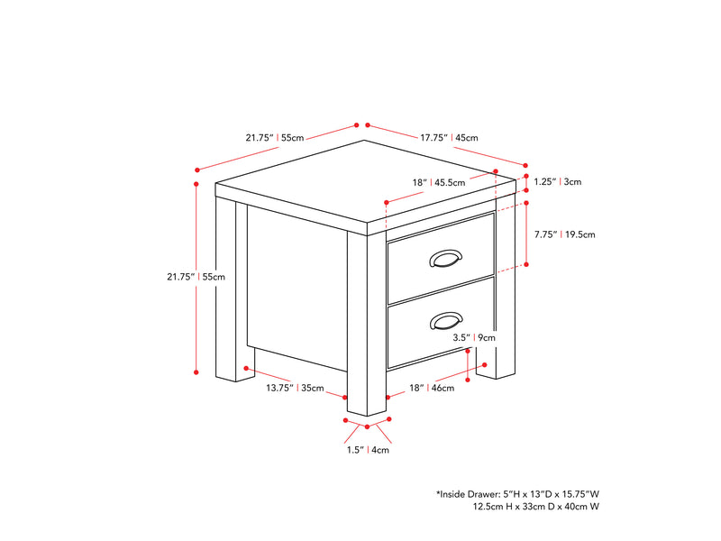 black 2 Drawer Night Stand Boston Collection measurements diagram by CorLiving