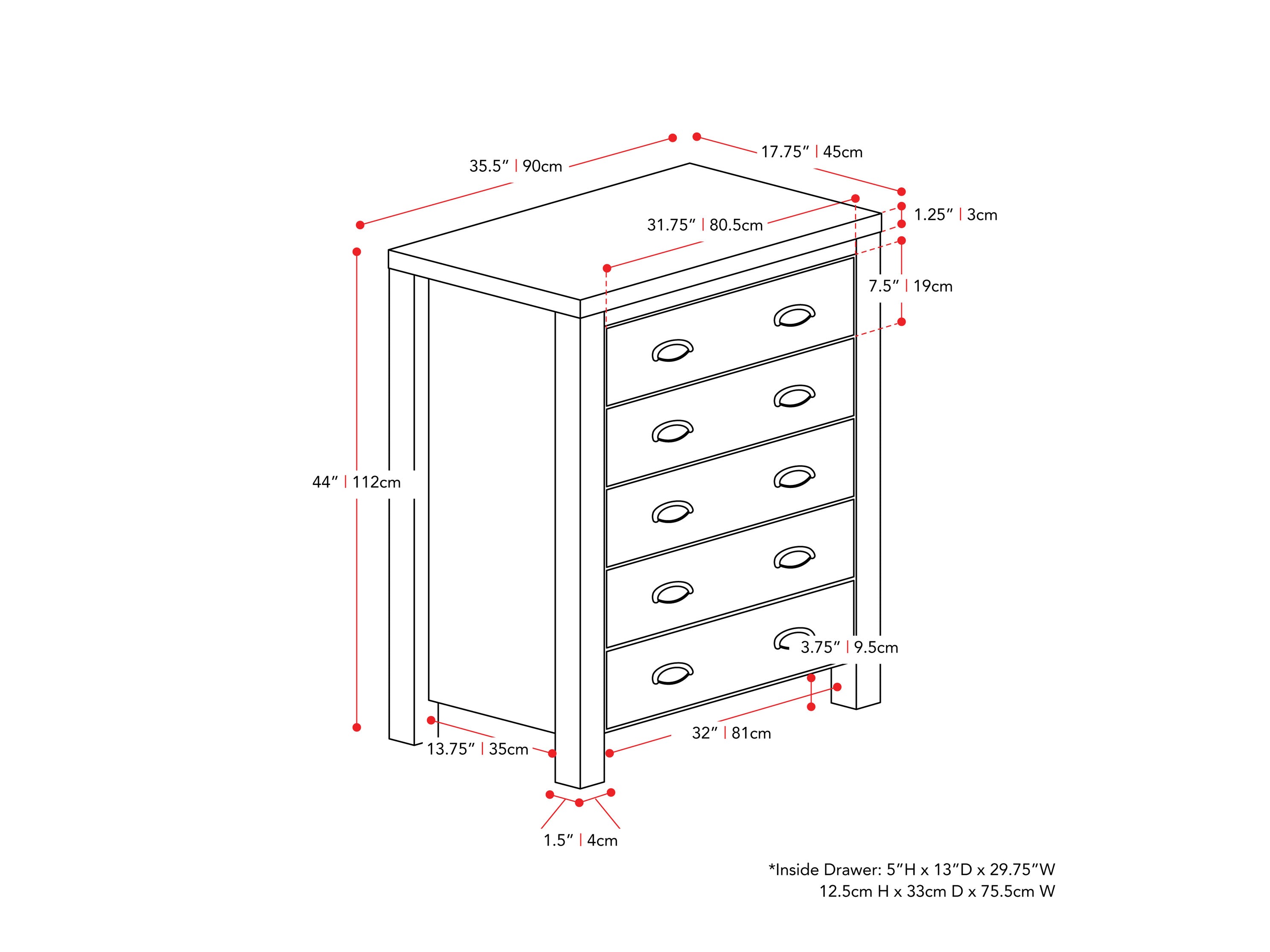 white 5 Drawer Dresser Boston Collection measurements diagram by CorLiving#color_white