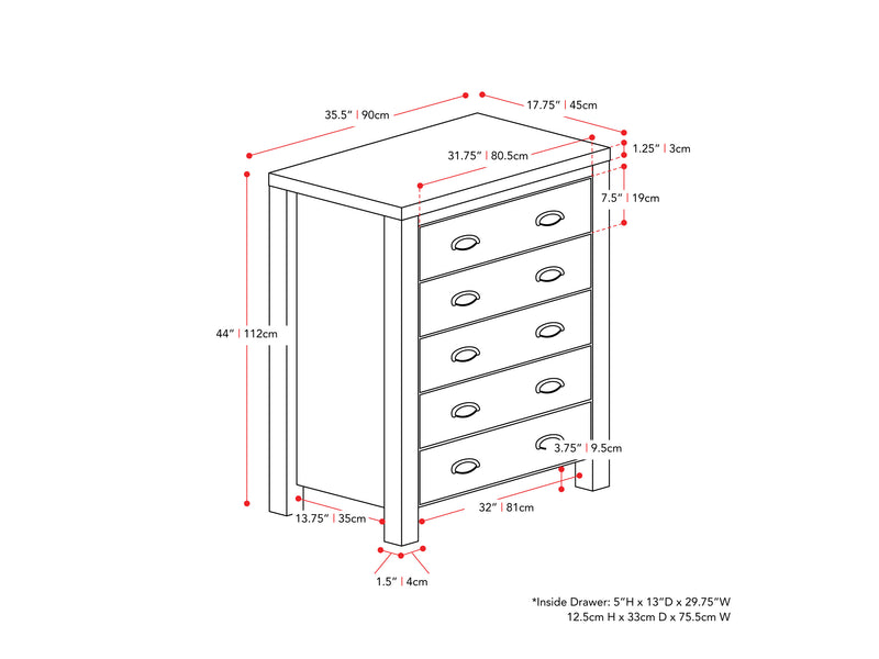 white 5 Drawer Dresser Boston Collection measurements diagram by CorLiving