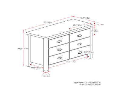 black 6 Drawer Dresser Boston Collection measurements diagram by CorLiving#color_black