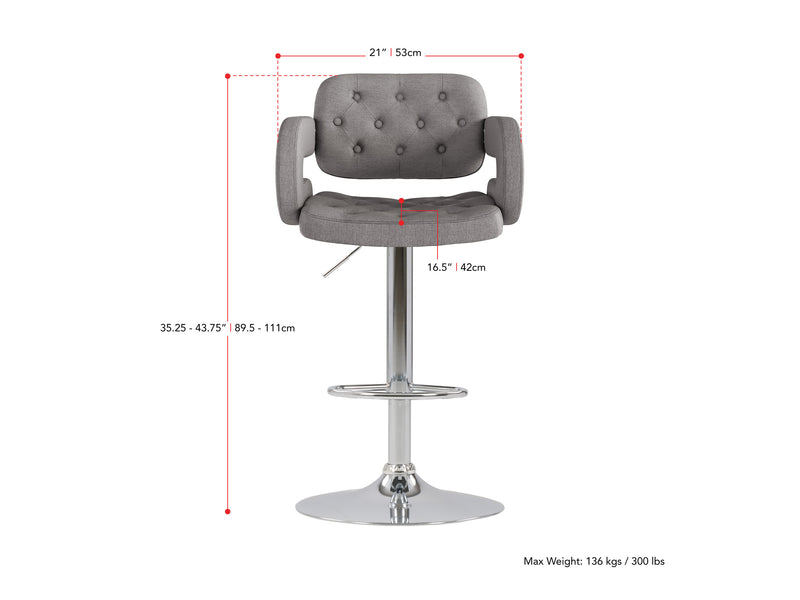 medium grey Bar Stools with Arms Set of 2 Jude Collection measurements diagram by CorLiving