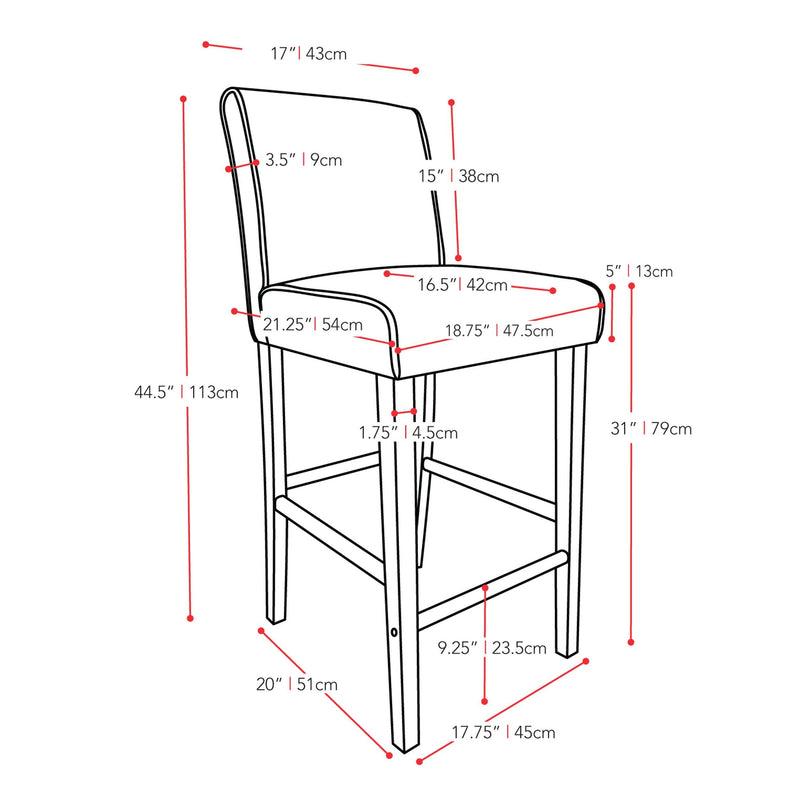 red Wooden Bar Stool Bar Height Ira Collection measurements diagram by CorLiving