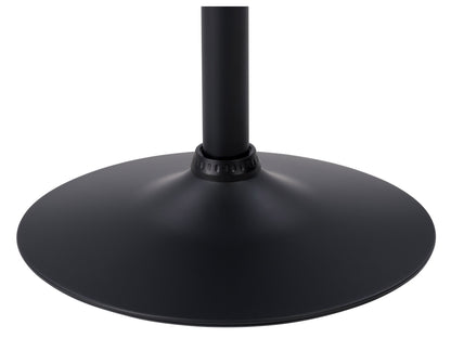 Adjustable black bar table with sleek metal frame, round wooden top, and hydraulic lift mechanism for customizable height. Ideal for modern kitchens, home bars, or dining areas.