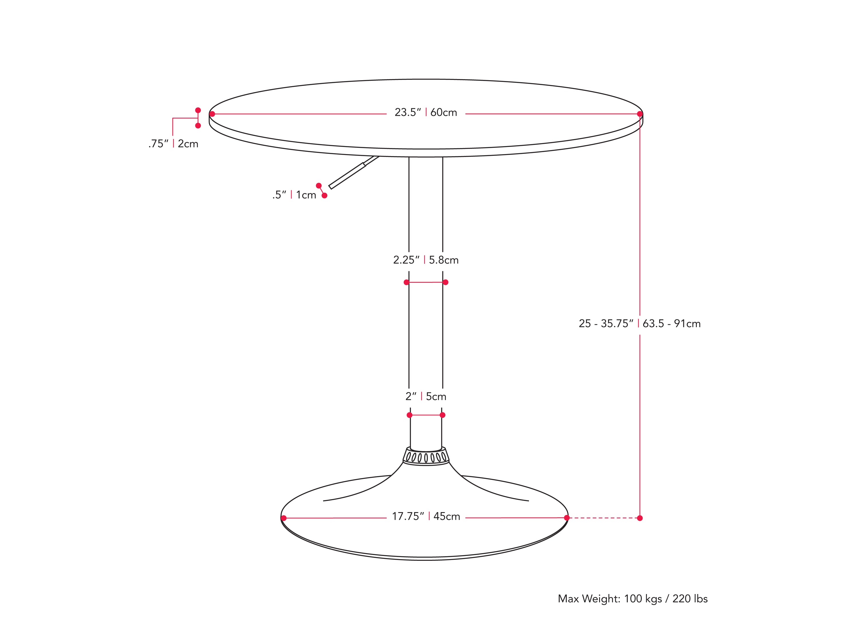 black Adjustable Height Round Bar Table Maya Collection measurements diagram by CorLiving#color_black-and-black