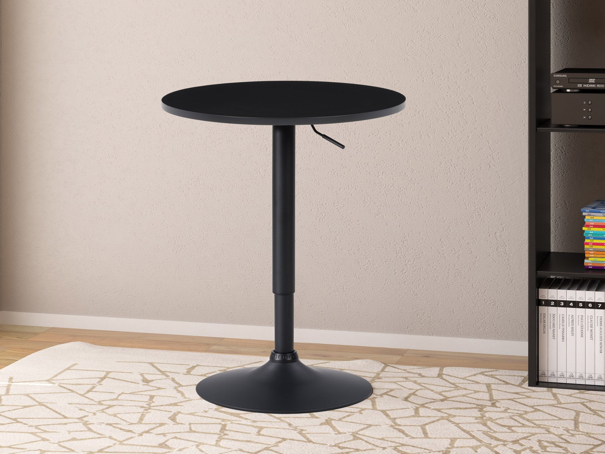 Black bar table with adjustable height, round tabletop, and sleek metal base. Modern design with smooth black finish, ideal for home bars or kitchen islands.