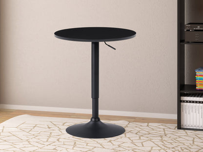 Black bar table with adjustable height, round tabletop, and sleek metal base. Modern design with smooth black finish, ideal for home bars or kitchen islands.
