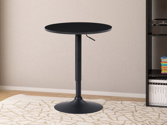 Black bar table with adjustable height, round tabletop, and sleek metal base. Modern design with smooth black finish, ideal for home bars or kitchen islands.