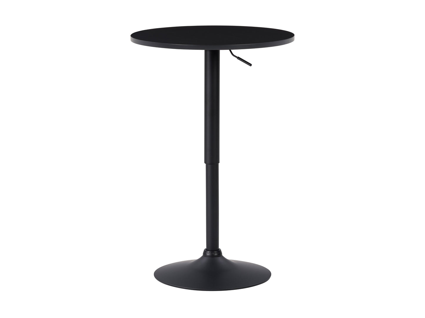 Adjustable black bar table with sleek metal base, round wooden top, and height adjustment lever. Ideal for modern kitchens or home bars.