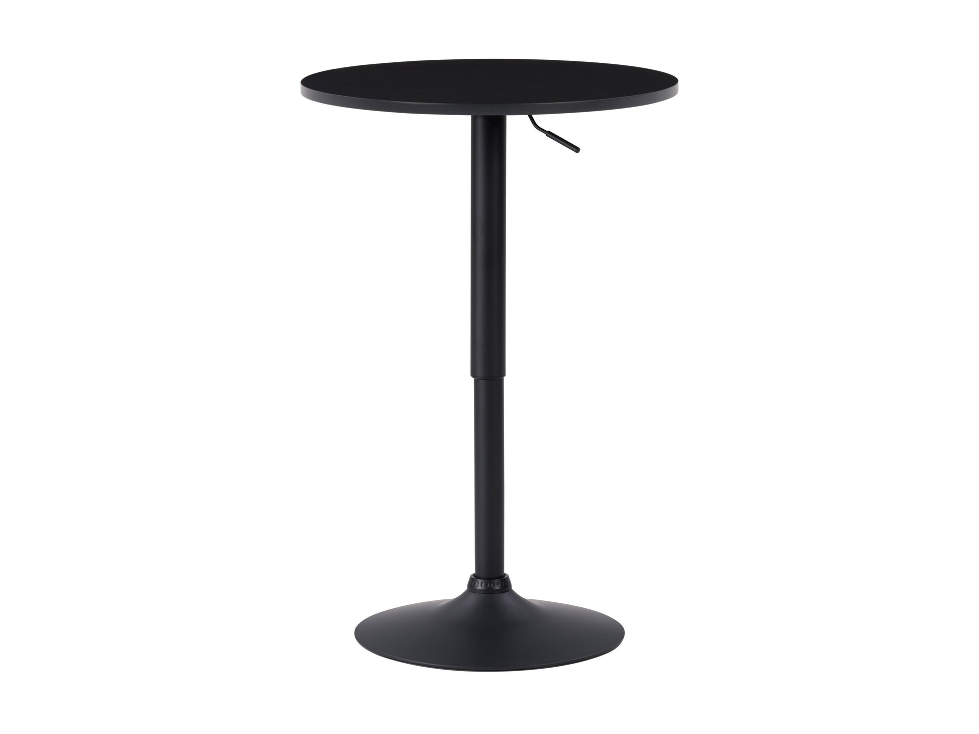 Adjustable black bar table with sleek metal base, round wooden top, and height adjustment lever. Ideal for modern kitchens or home bars.