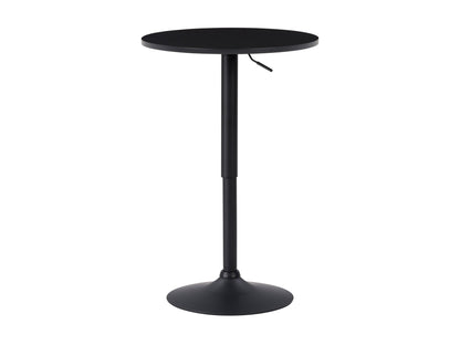 Adjustable black bar table with sleek metal base, round wooden top, and height adjustment lever. Ideal for modern kitchens or home bars.