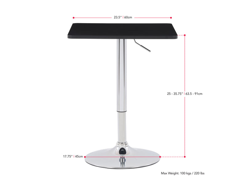 black Adjustable Height Square Bar Table Maya Collection measurements diagram by CorLiving