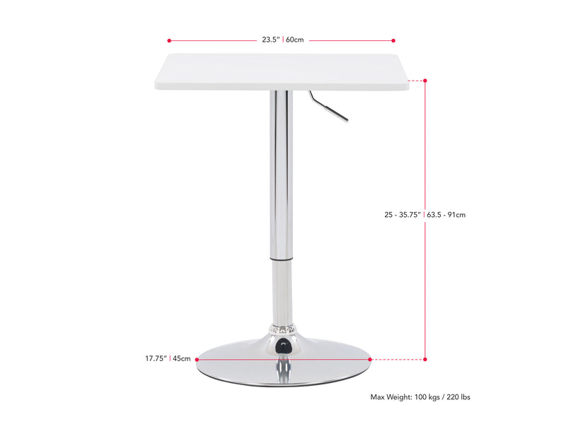 white Adjustable Height Square Bar Table Maya Collection measurements diagram by CorLiving