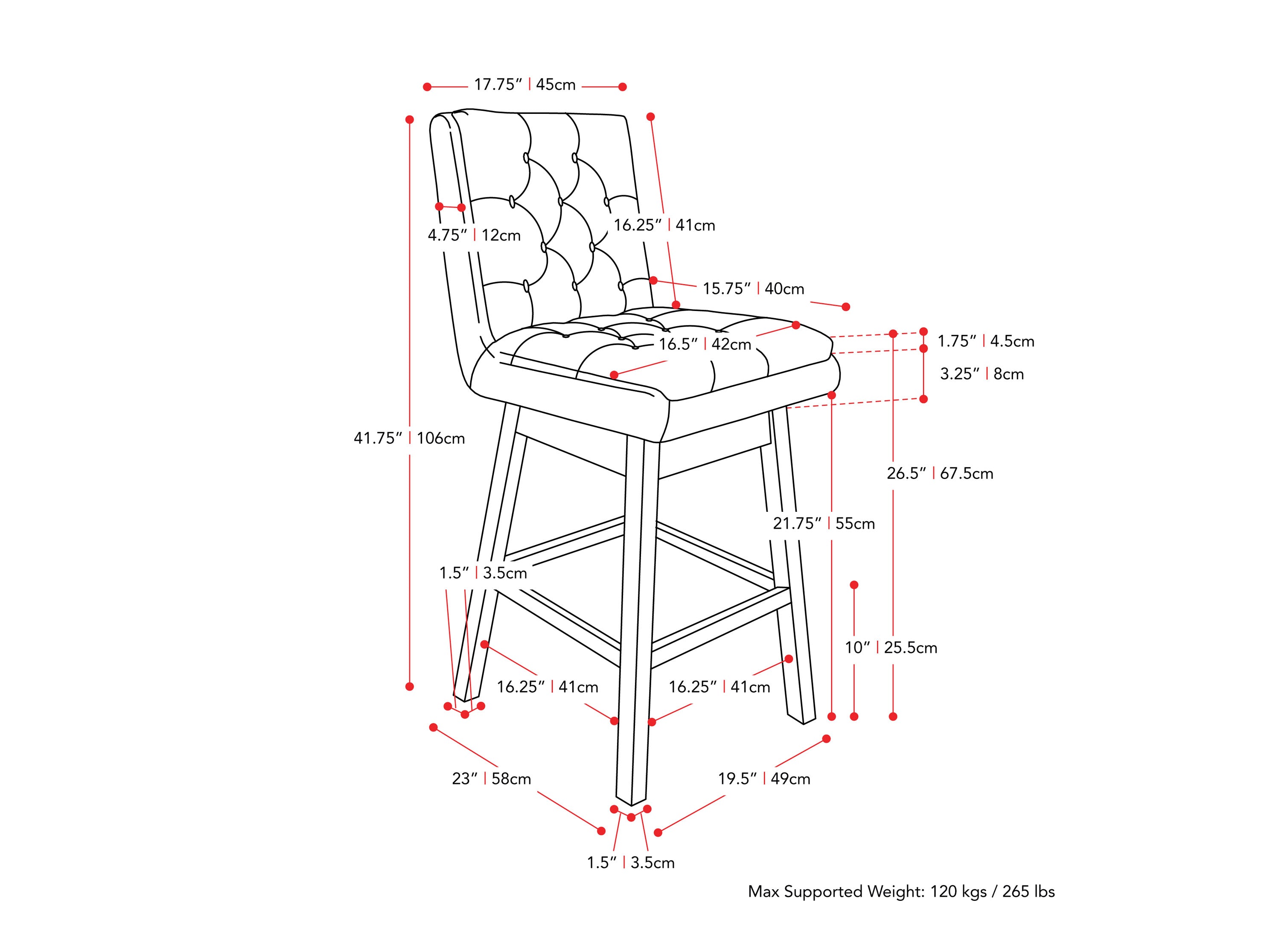 beige and dark brown Cushioned Bar Stools Set of 2 Leilani Collection measurements diagram by CorLivin#color_dpt-beige