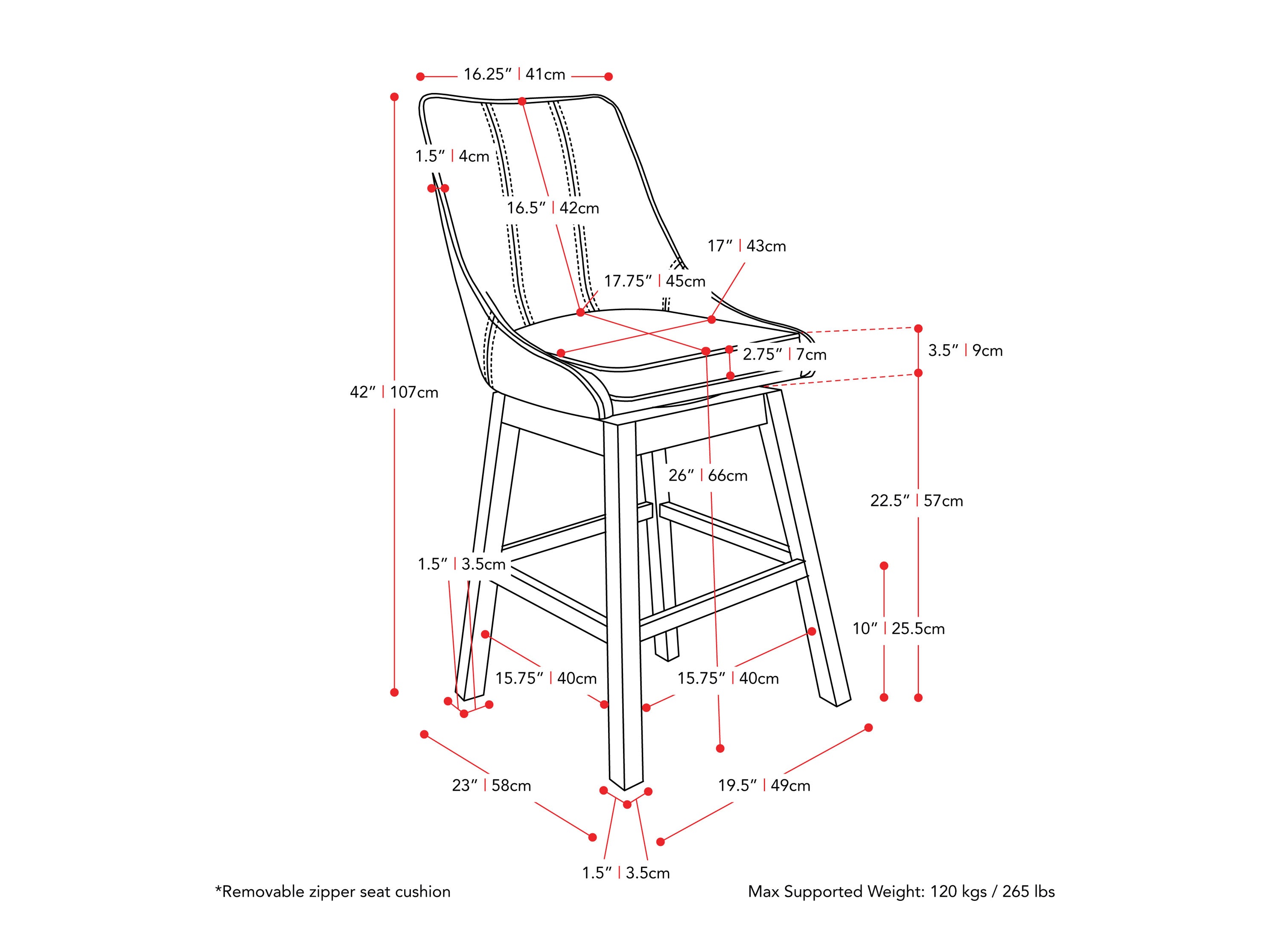 beige and brown High Back Bar Stools Set of 2 Luca Collection measurements diagram by CorLiving#color_dpt-beige