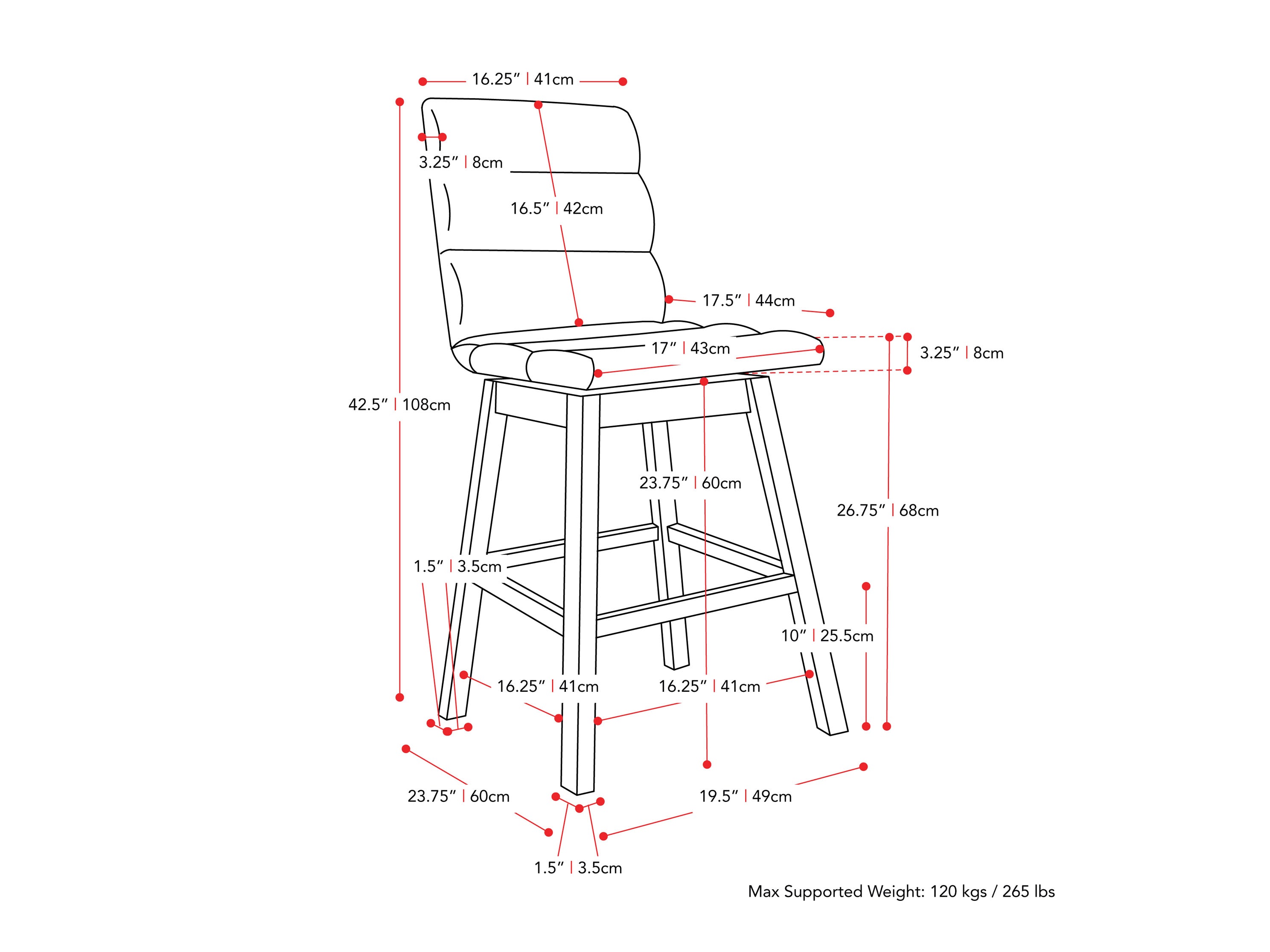 beige and brown Wood Bar Stools Set of 2 Lilibet Collection measurements diagram by CorLiving#color_dpt-beige