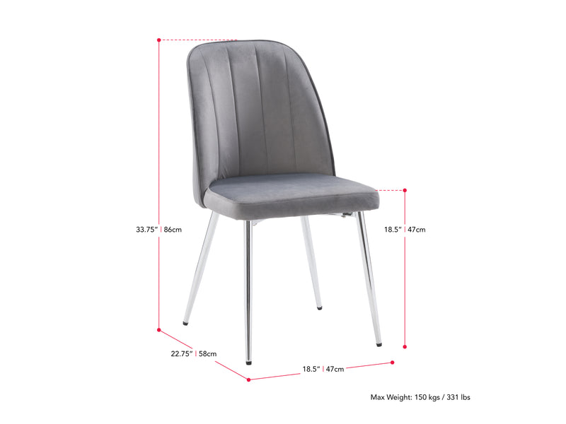 grey Velvet Dining Room Chairs, Set of 2 Noelle Collection measurements diagram by CorLiving
