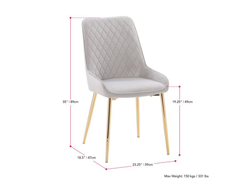 light grey Luxury Velvet Dining Chairs, Set of 2 Nia Collection measurements diagram by CorLiving