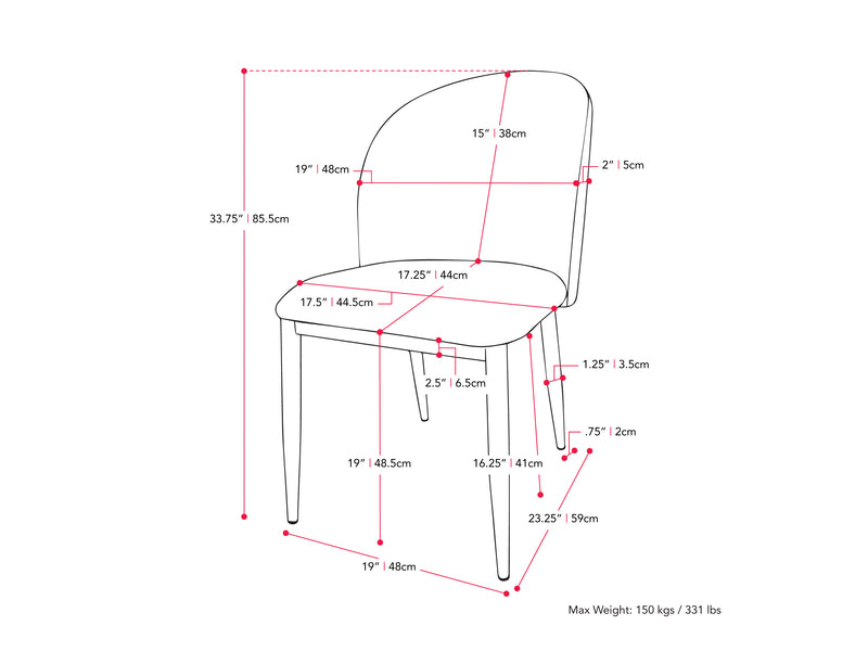 grey Curved Dining Chairs, Set of 2 Nyla Collection measurements diagram by CorLiving