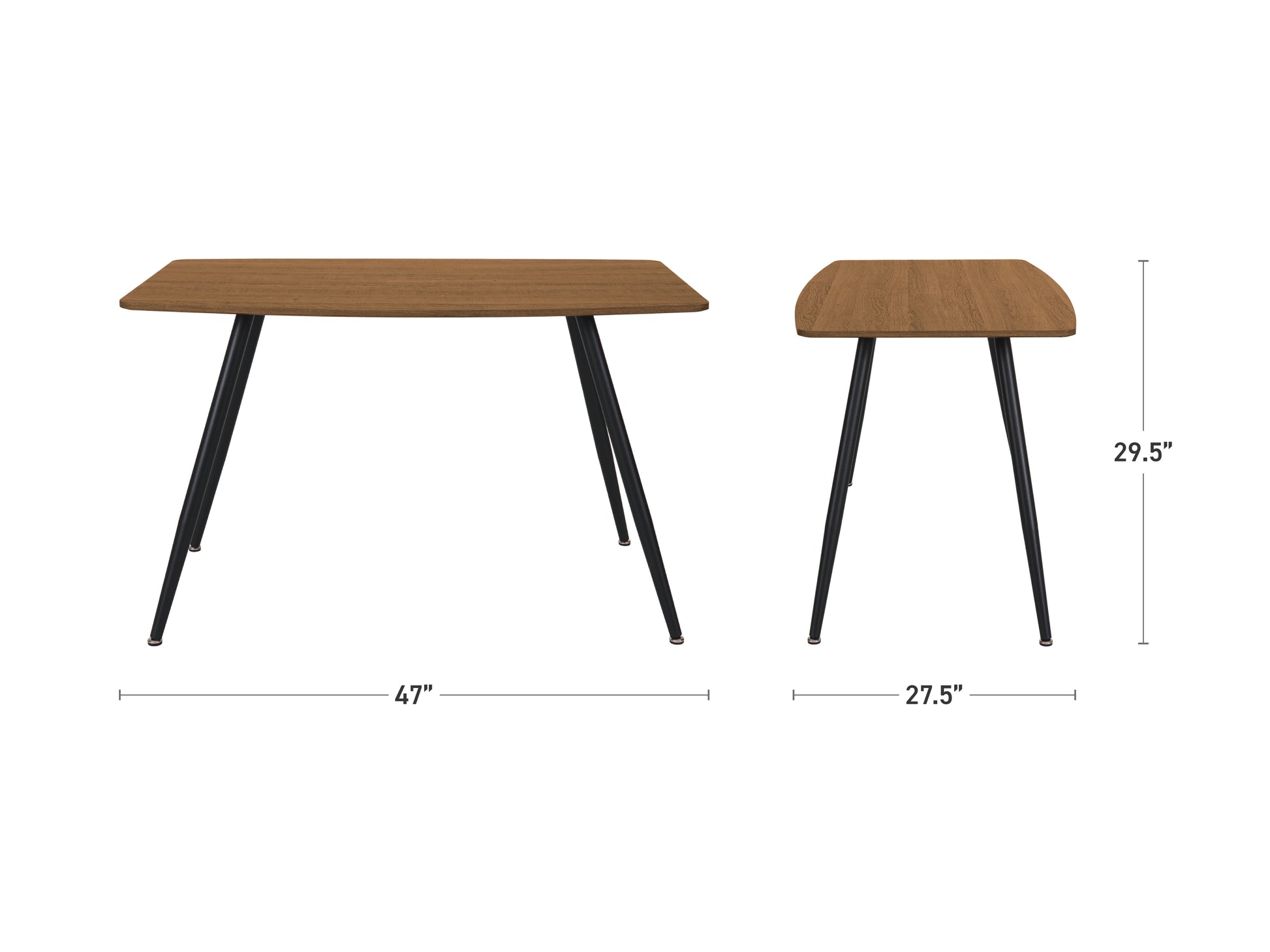 Modern wooden dining table for small spaces with natural wood finish, sleek black metal legs, and minimalist design, perfect for contemporary kitchens and dining areas.