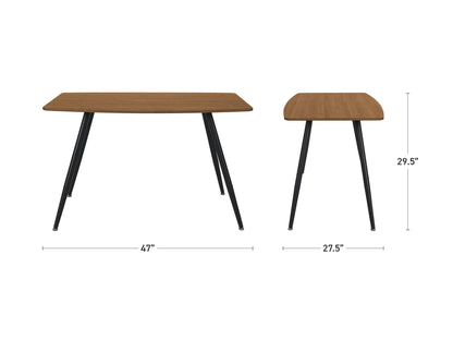 Modern wooden dining table for small spaces with natural wood finish, sleek black metal legs, and minimalist design, perfect for contemporary kitchens and dining areas.