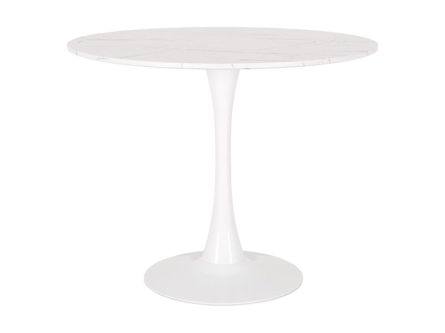 Round marbled bistro table with white and gray veining, 35-inch diameter, featuring a sleek metal pedestal base and contemporary design, perfect for small dining spaces or stylish cafes.