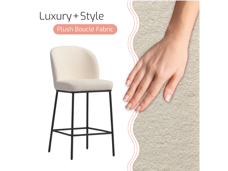 white Counter Height Luxury Boucle Bar Stools Addison Collection infographic by CorLiving