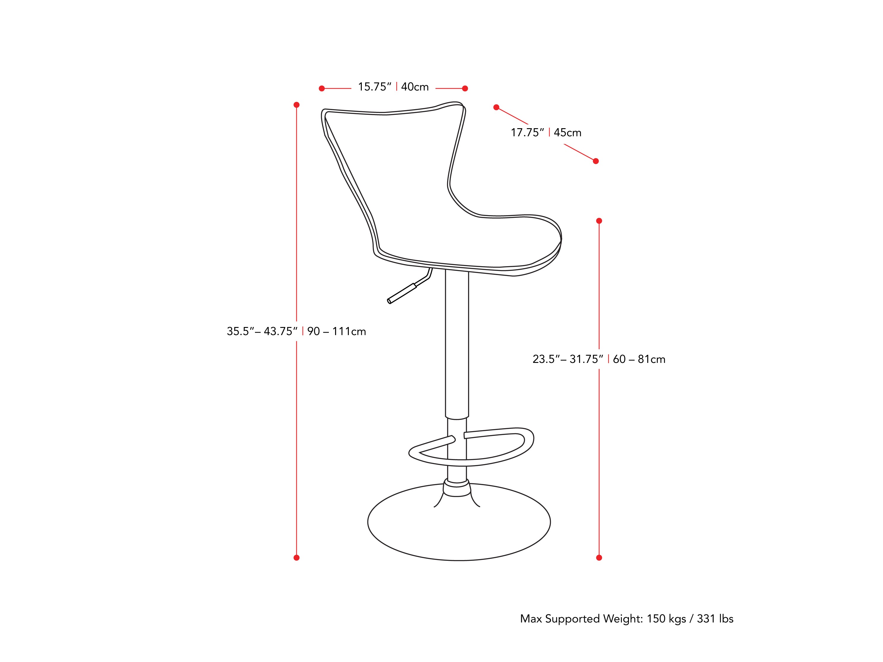 black Swivel Bar Stools Set of 2 Kayden Collection measurements diagram by CorLiving#color_black