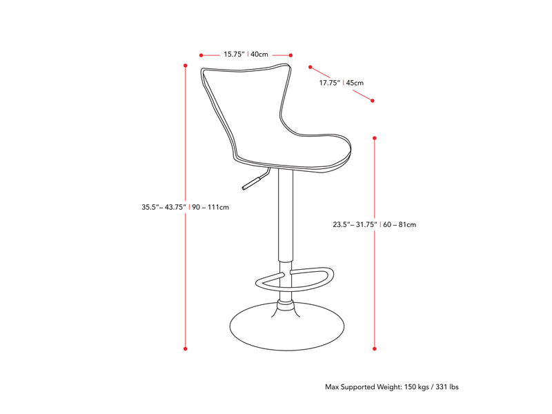 black Swivel Bar Stools Set of 2 Kayden Collection measurements diagram by CorLiving