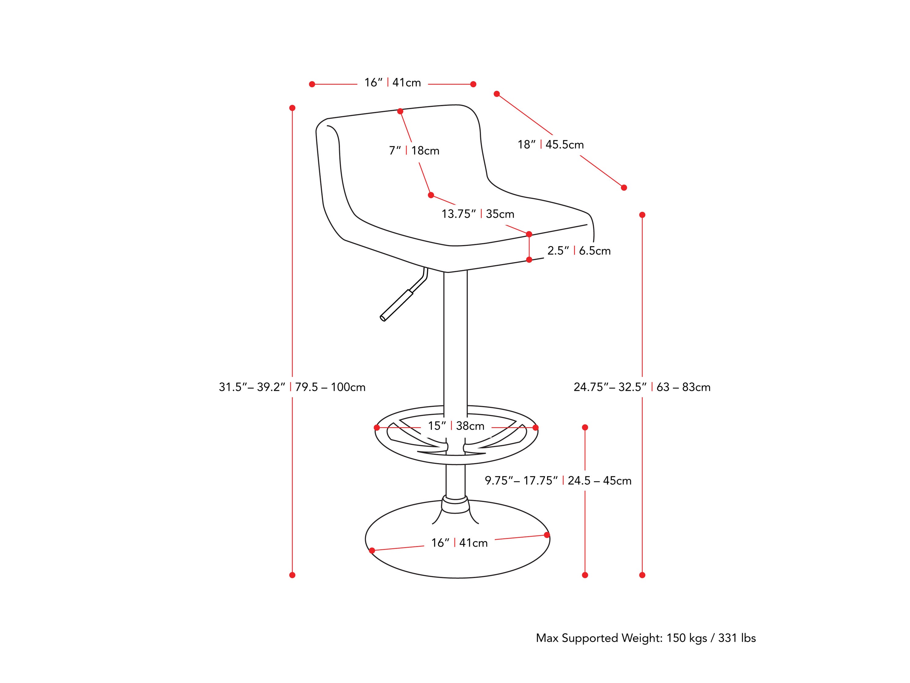 black Low Back Bar Stools Set of 2 Atlas Collection measurements diagram by CorLiving#color_black